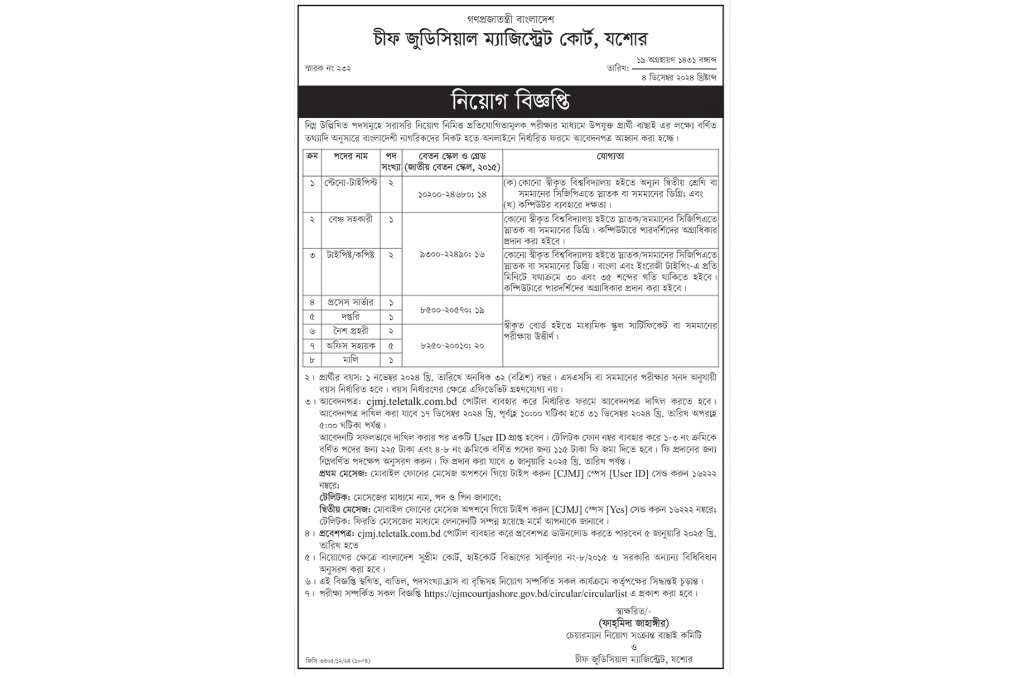 Jessore Chief Judicial Magistrate's court Job Circular 2024
